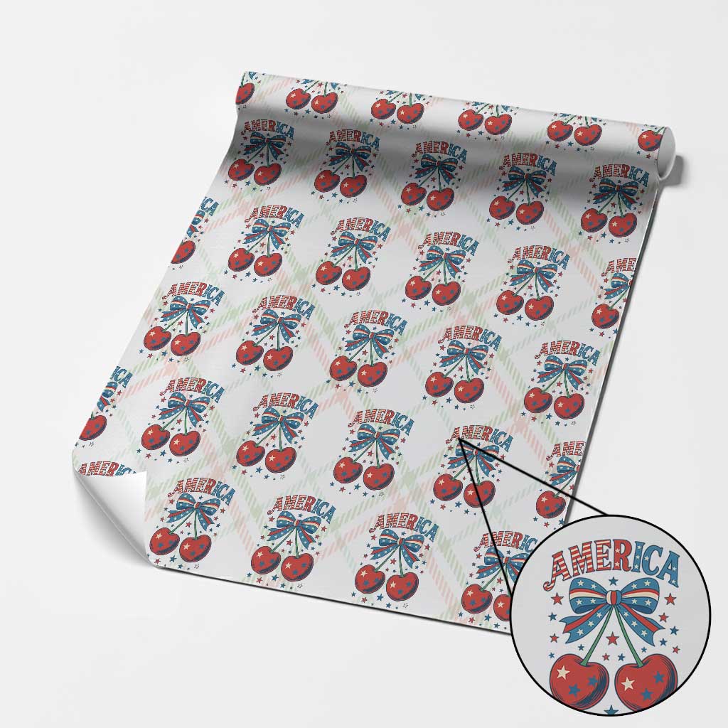 Retro Americana Cherries and Stars Coquette Bow Wrapping Paper Roll America Cute Patriotic 4th Of July US - Wonder Print Shop