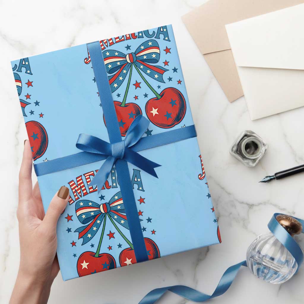 Retro Americana Cherries and Stars Coquette Bow Wrapping Paper Roll America Cute Patriotic 4th Of July US - Wonder Print Shop