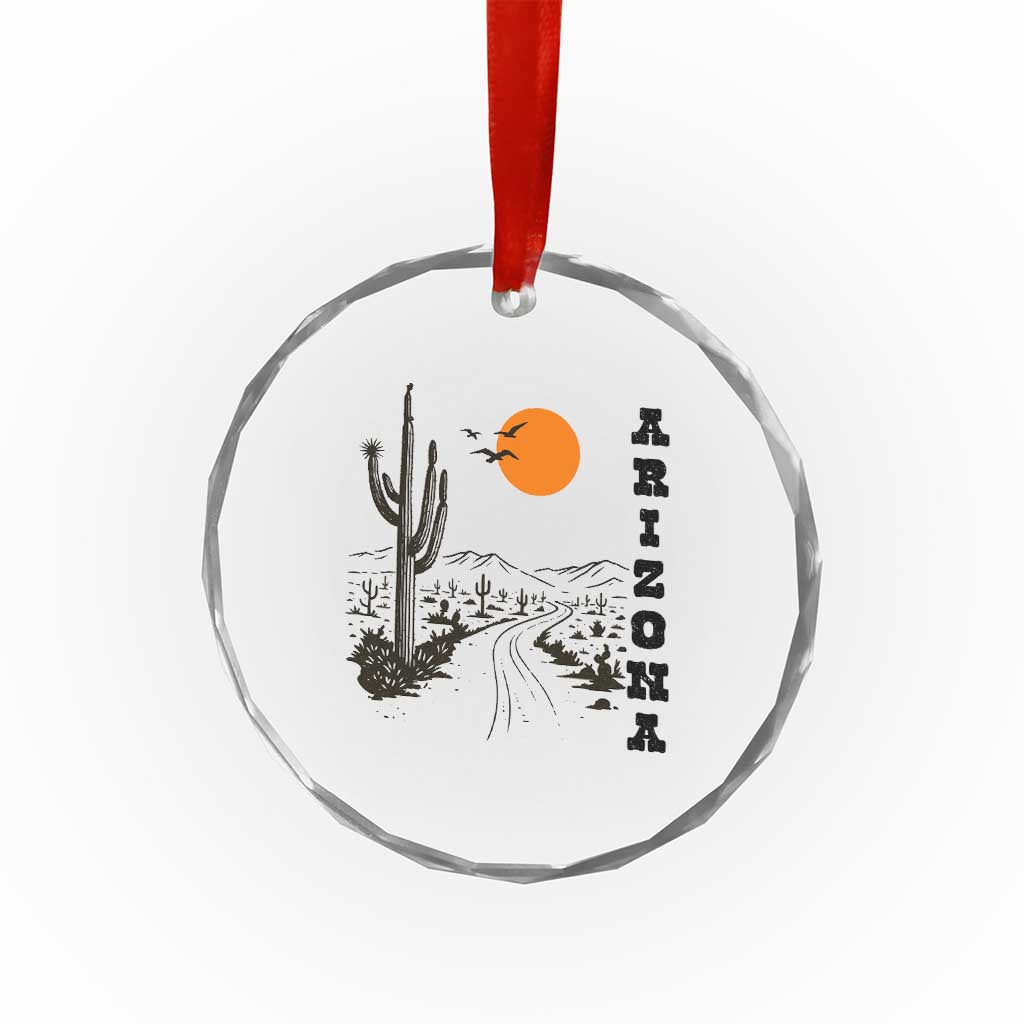 Retro Arizona Desert Road Sunset Graphic Crystal Glass Ornament Vintage Southwest Saguaro Cactus Travel Souvenir