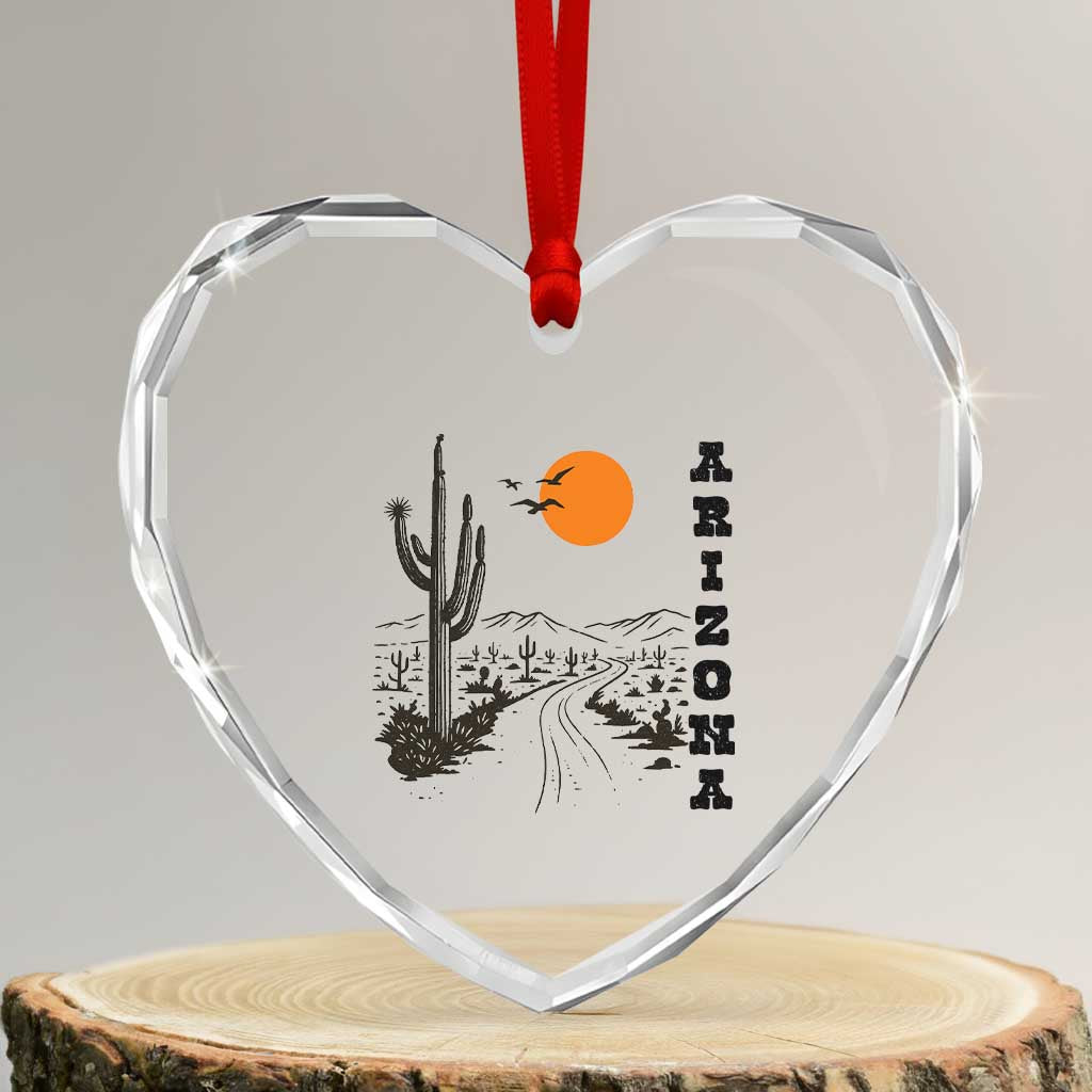 Retro Arizona Desert Road Sunset Graphic Heart Crystal Glass Ornament Vintage Southwest Saguaro Cactus Travel Souvenir