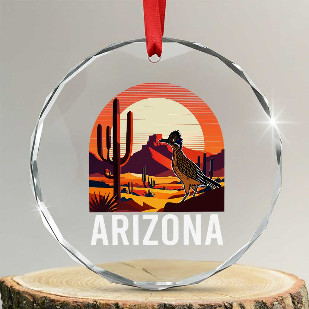 Retro Arizona Roadrunner Desert Sunset Graphic Crystal Glass Ornament Southwest Saguaro Cactus Wildlife Travel Souvenir