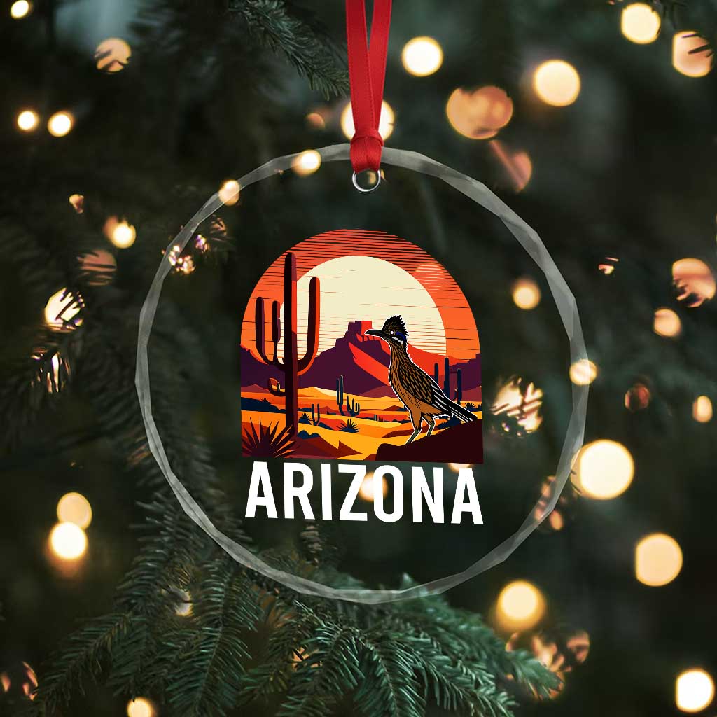 Retro Arizona Roadrunner Desert Sunset Graphic Crystal Glass Ornament Southwest Saguaro Cactus Wildlife Travel Souvenir