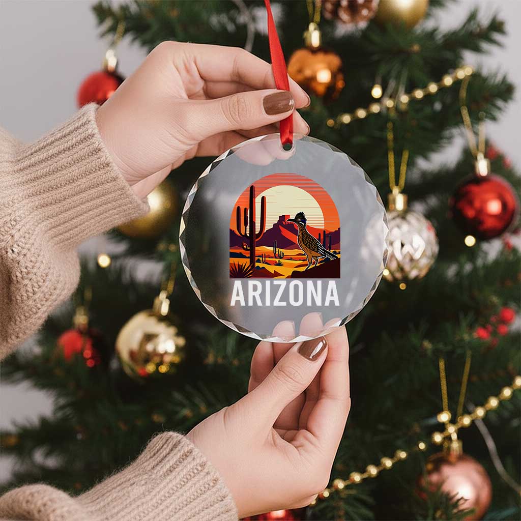 Retro Arizona Roadrunner Desert Sunset Graphic Crystal Glass Ornament Southwest Saguaro Cactus Wildlife Travel Souvenir