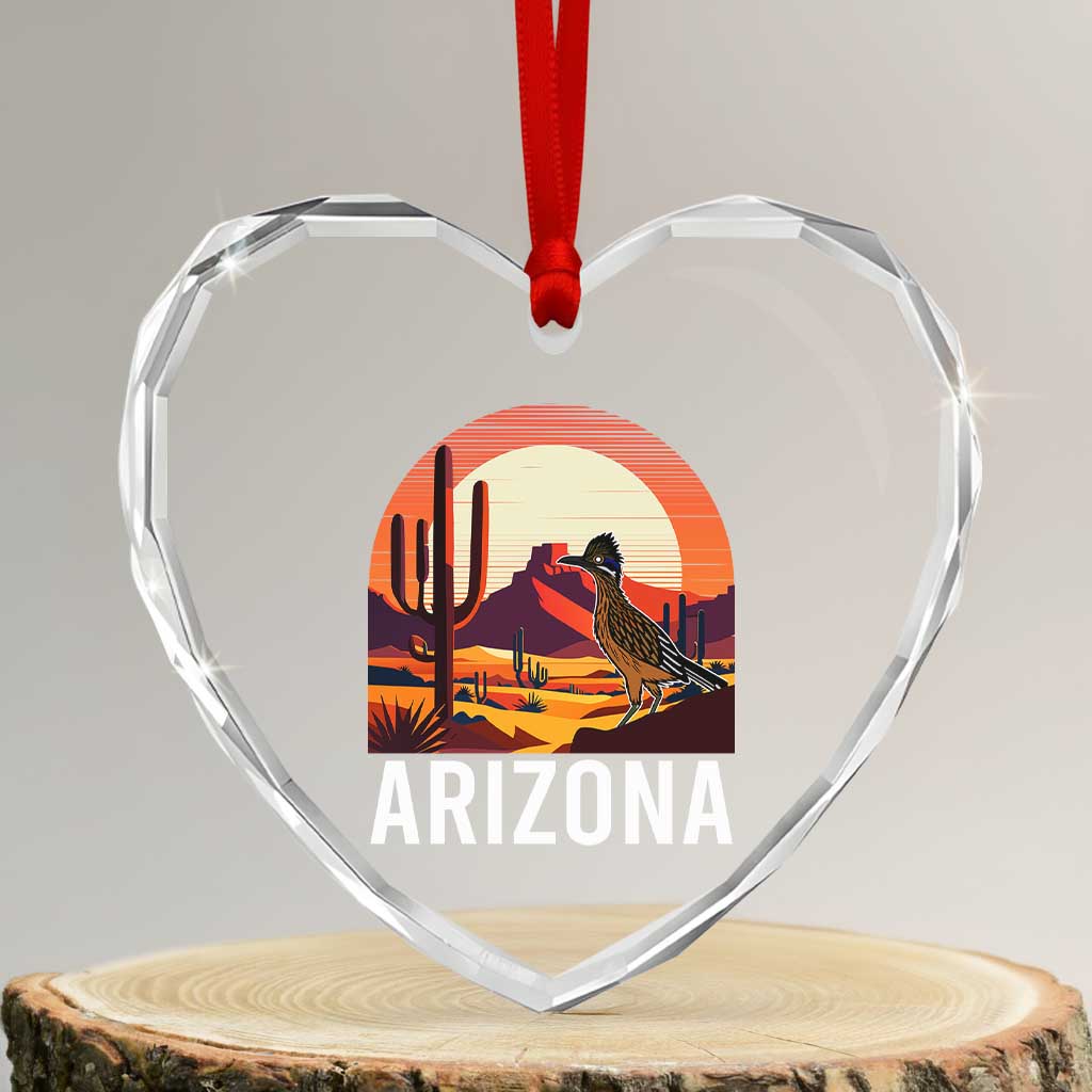 Retro Arizona Roadrunner Desert Sunset Graphic Heart Crystal Glass Ornament Southwest Saguaro Cactus Wildlife Travel Souvenir
