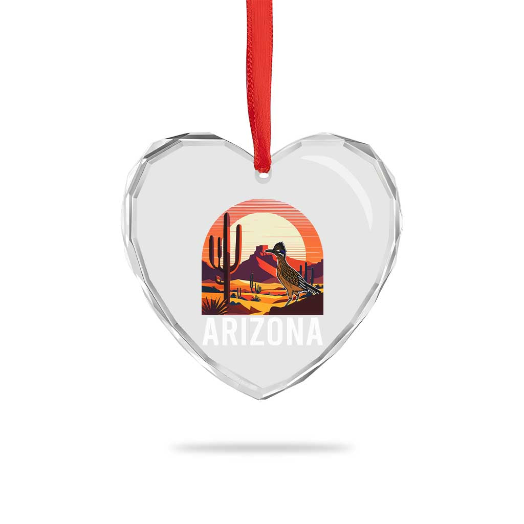 Retro Arizona Roadrunner Desert Sunset Graphic Heart Crystal Glass Ornament Southwest Saguaro Cactus Wildlife Travel Souvenir