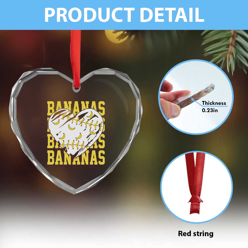 Retro Bananas Heart Crystal Glass Ornament Vintage Baseball Heart Graphic Game Day Gifts