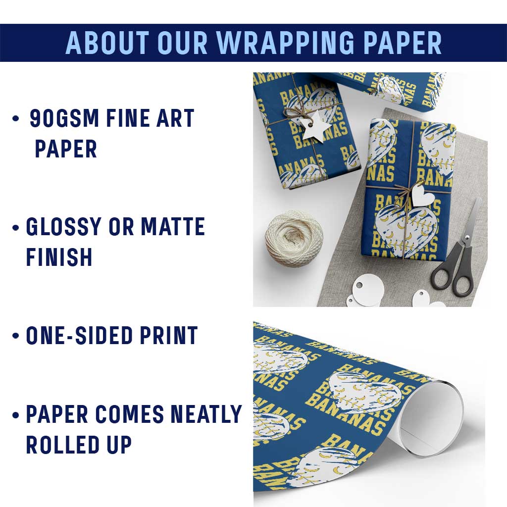 Retro Bananas Wrapping Paper Roll Vintage Baseball Heart Graphic Game Day Gifts