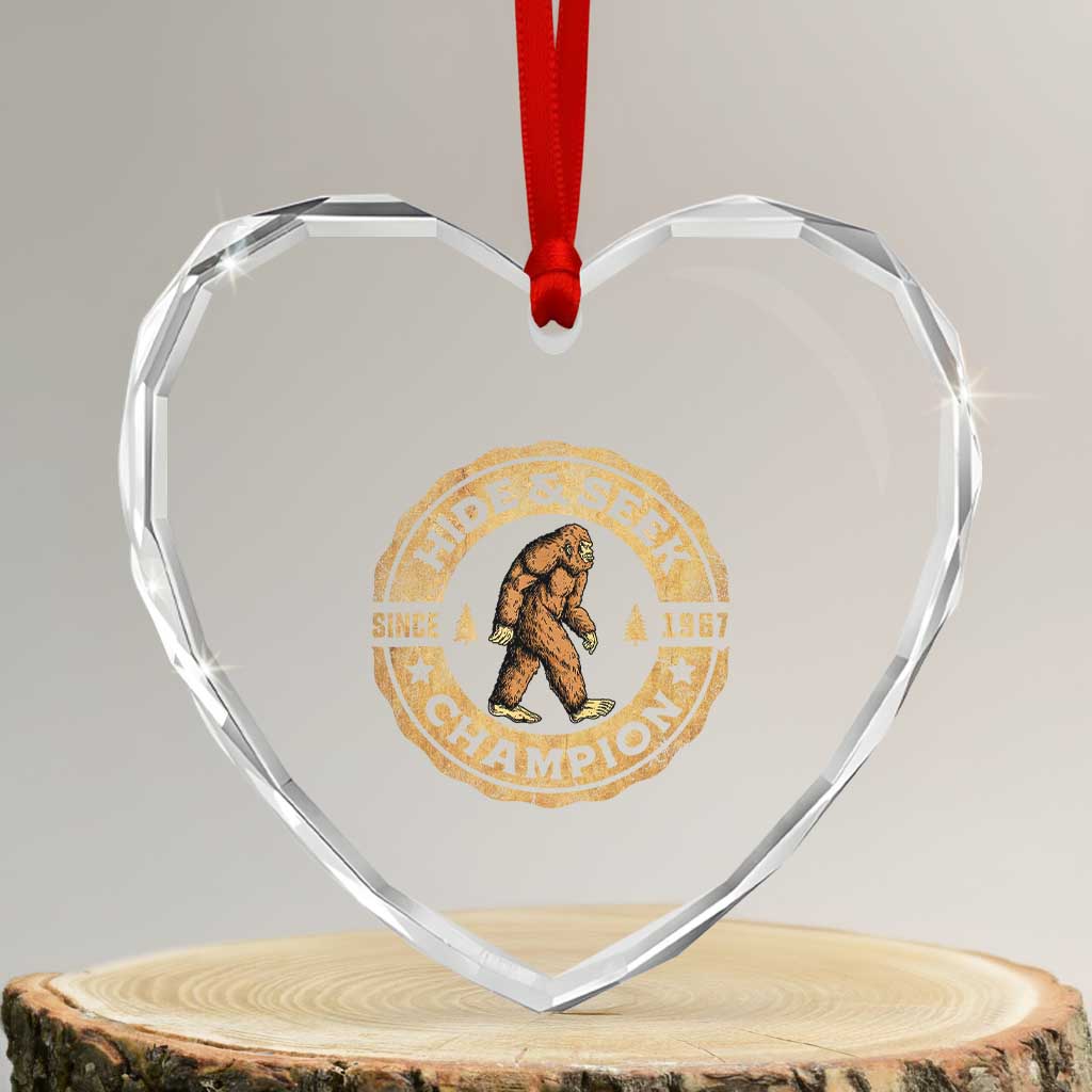 Retro Bigfoot Believer Heart Crystal Glass Ornament Undefeated Sasquatch Hide And Seek Cryptozoology - Wonder Print Shop