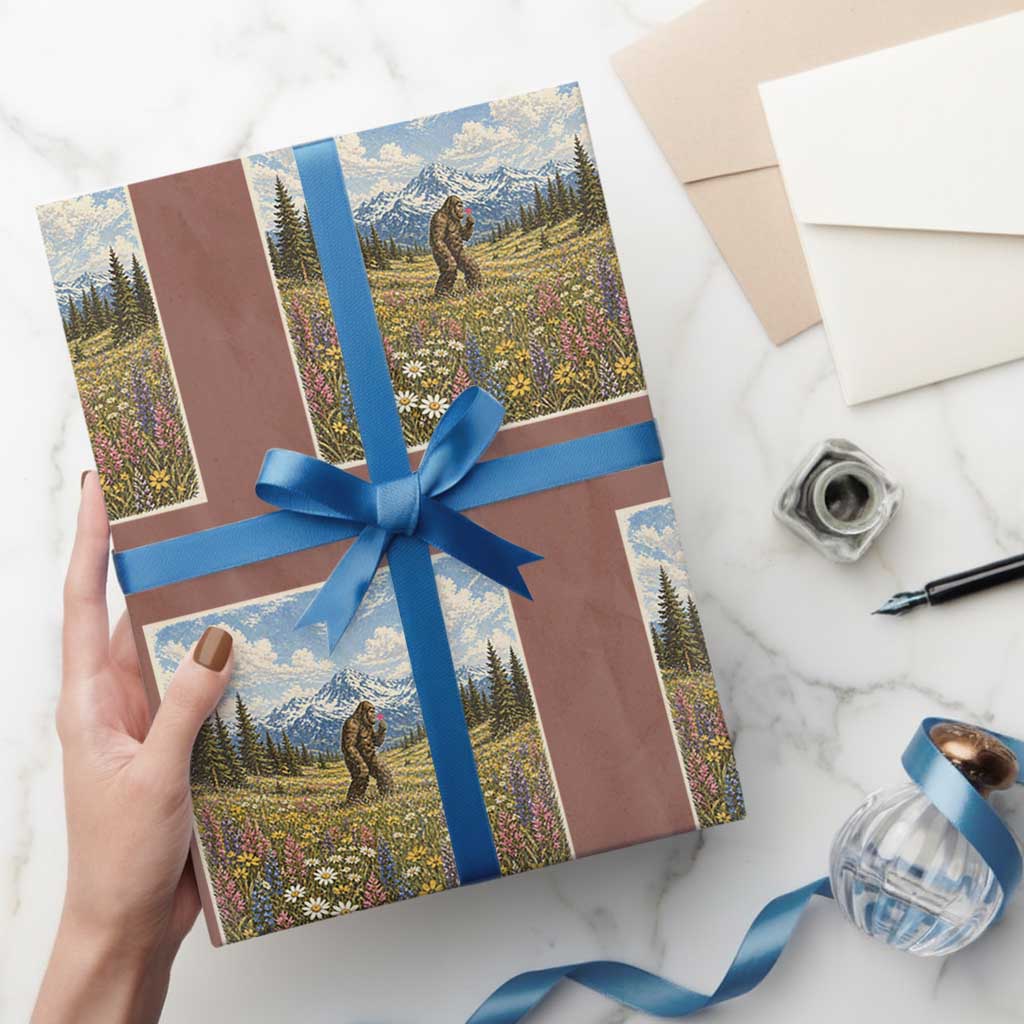Retro Bigfoot Wildflower Wrapping Paper Roll Vintage Sasquatch Funny Cryptid