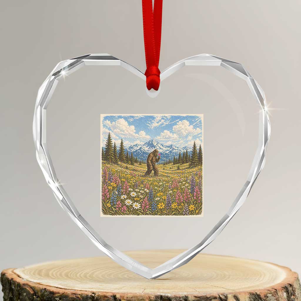 Retro Bigfoot Wildflower Heart Crystal Glass Ornament Vintage Sasquatch Funny Cryptid