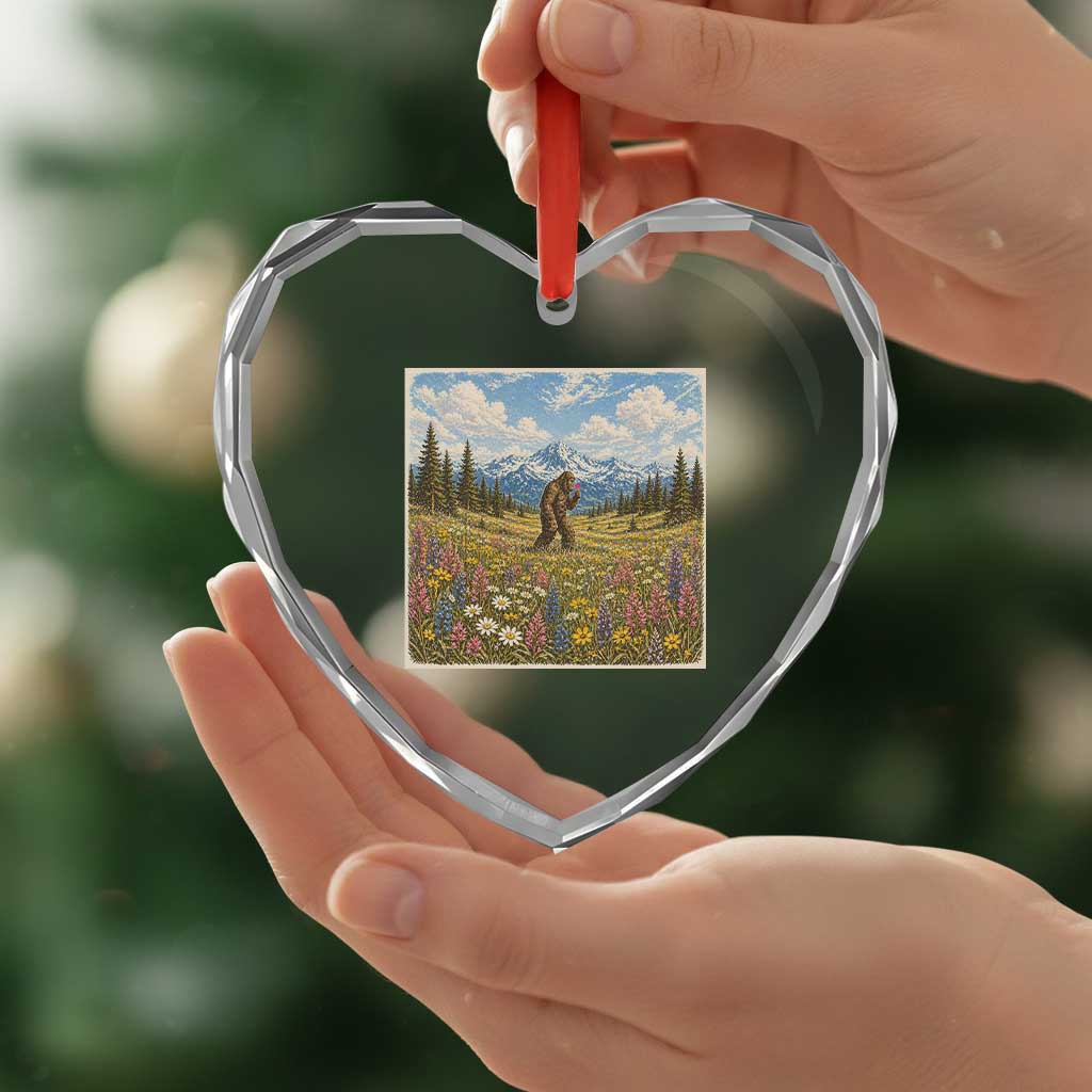 Retro Bigfoot Wildflower Heart Crystal Glass Ornament Vintage Sasquatch Funny Cryptid