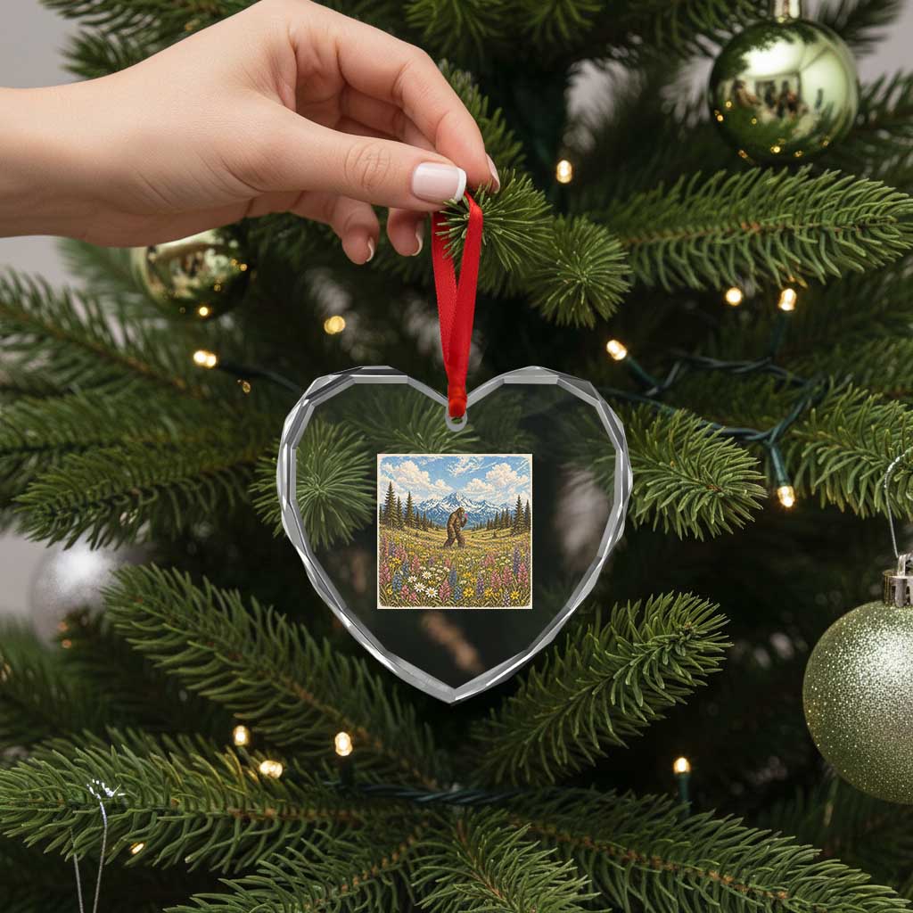 Retro Bigfoot Wildflower Heart Crystal Glass Ornament Vintage Sasquatch Funny Cryptid