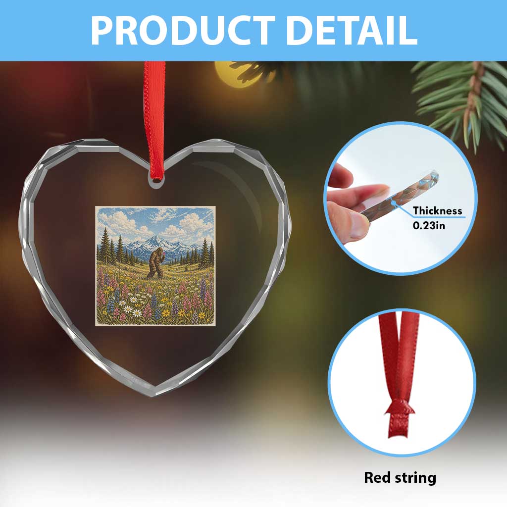 Retro Bigfoot Wildflower Heart Crystal Glass Ornament Vintage Sasquatch Funny Cryptid