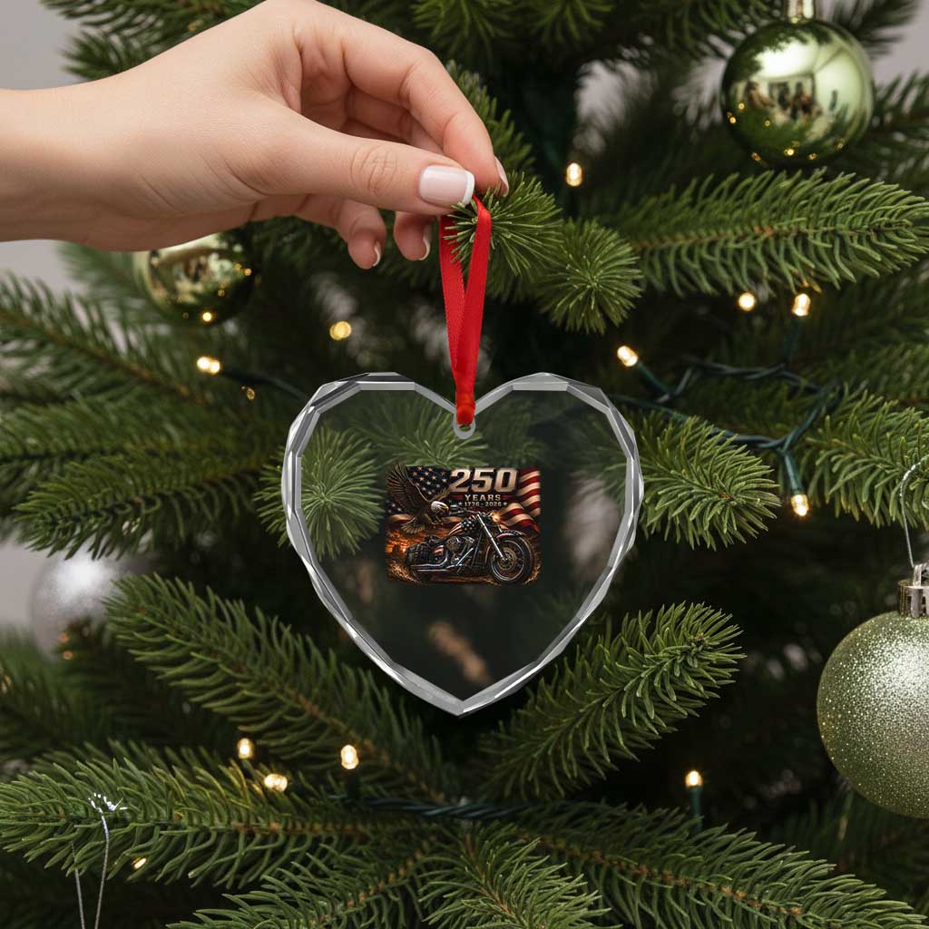 Retro Biker USA 250th Anniversary Heart Crystal Glass Ornament American Flag Motorcycle Eagle Independence Day