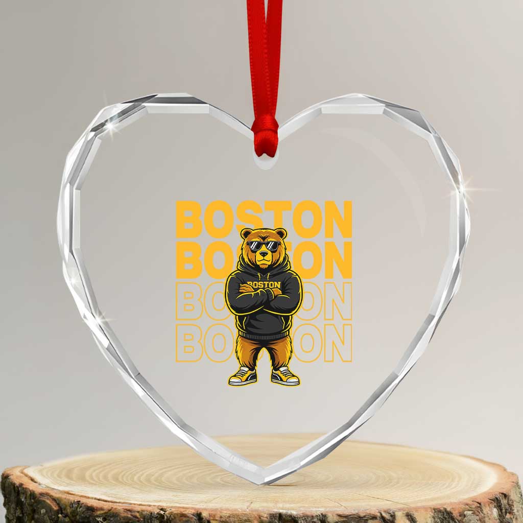 Retro Boston Ice Hockey Heart Crystal Glass Ornament Fear The Bear