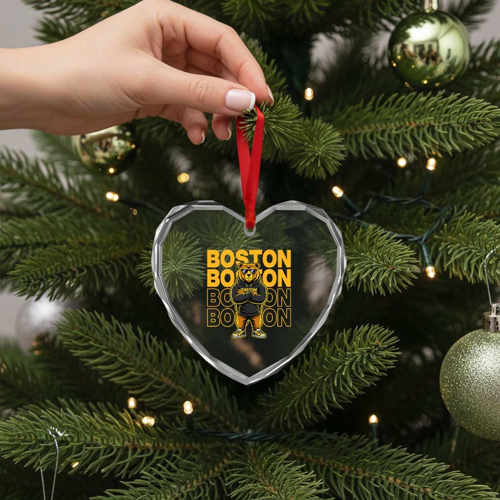 Retro Boston Ice Hockey Heart Crystal Glass Ornament Fear The Bear