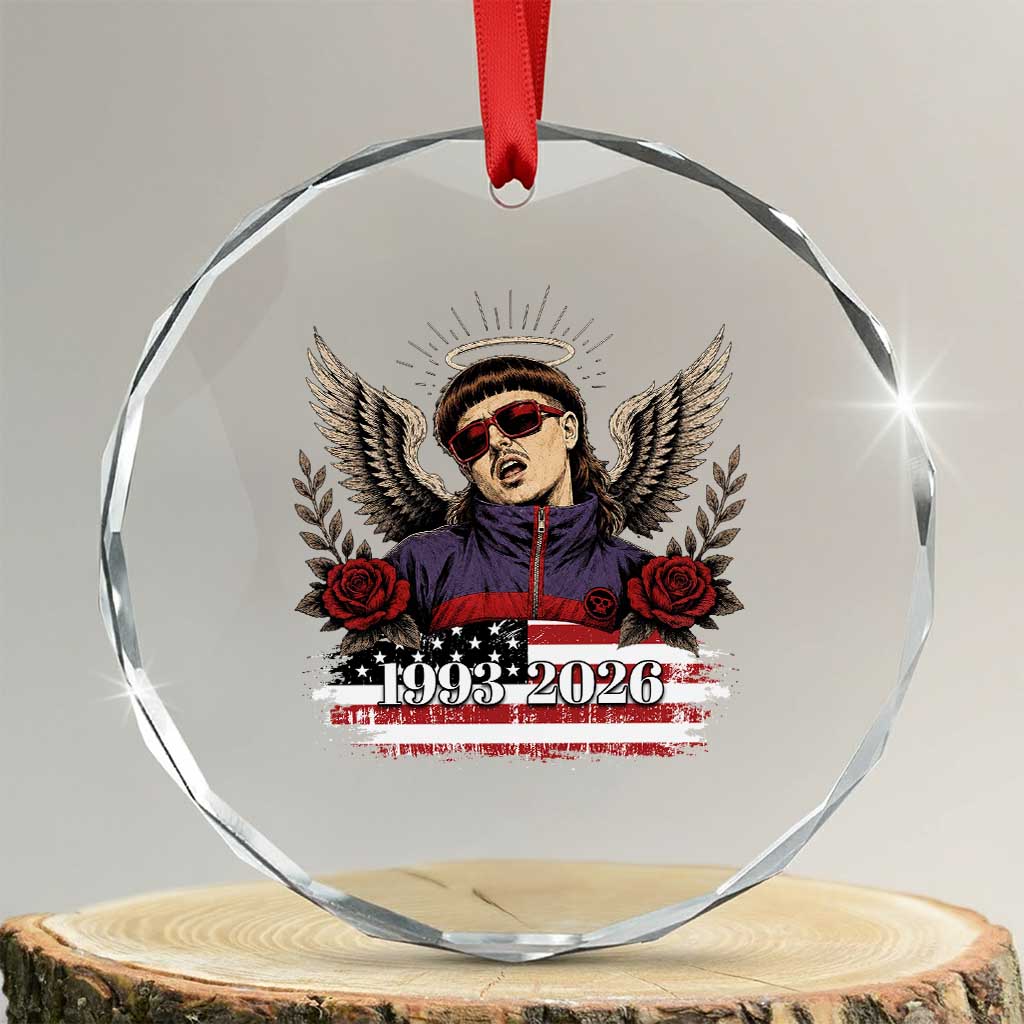 Retro Bowl Cut Music Icon Angel Wings Rest In Peace Crystal Glass Ornament American Flag Memorial 1993 2026 Pop Culture Fan