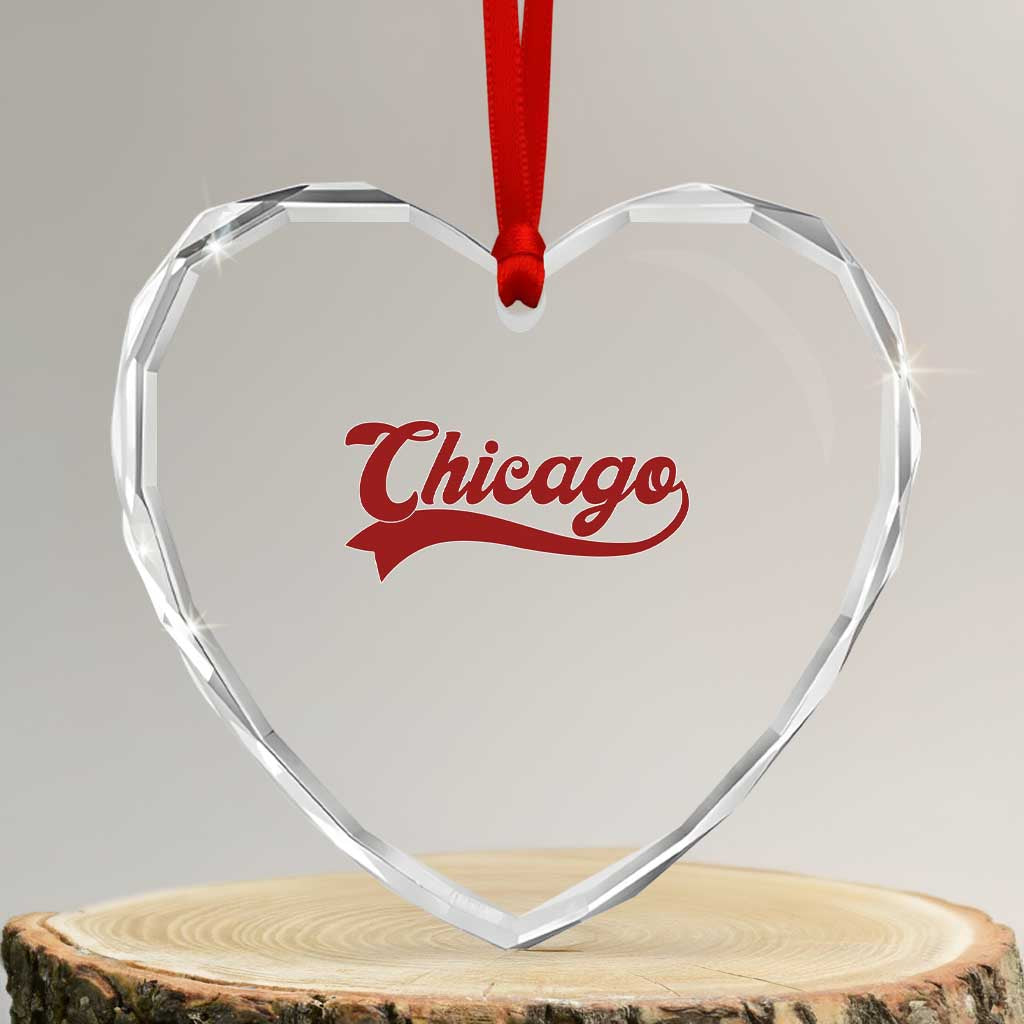 Retro Chicago Heart Crystal Glass Ornament Varsity Script Vintage Sports Jersey Style 80s 90s