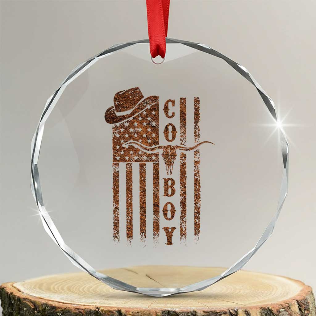 Retro Cowboy Crystal Glass Ornament USA Flag Texas Western Country Rodeo Southern