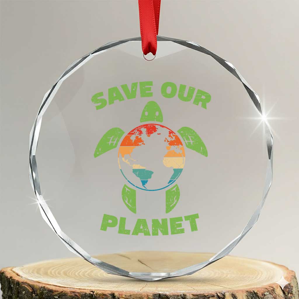 Retro Earth Day Crystal Glass Ornament Save Our Planet Sea Turtle Recycle Ocean Environment