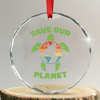 Retro Earth Day Crystal Glass Ornament Save Our Planet Sea Turtle Recycle Ocean Environment
