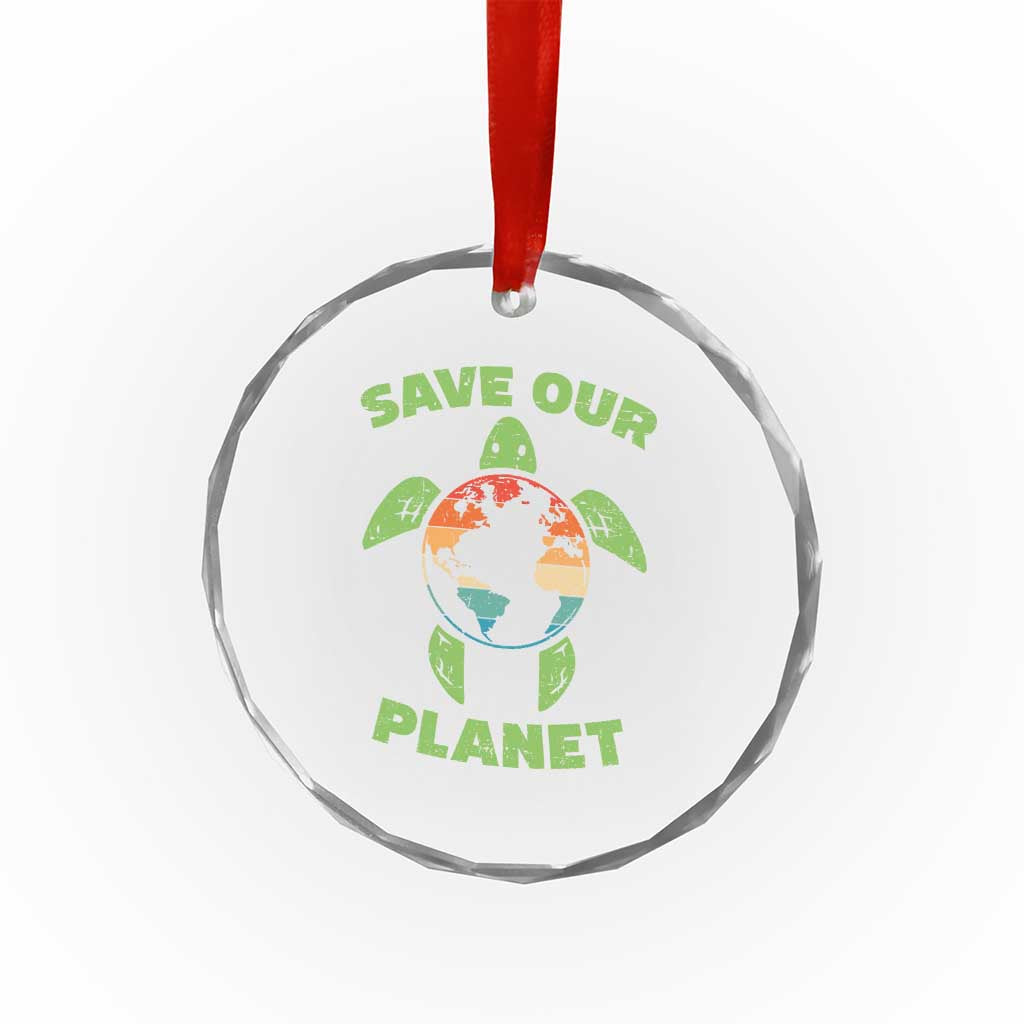 Retro Earth Day Crystal Glass Ornament Save Our Planet Sea Turtle Recycle Ocean Environment