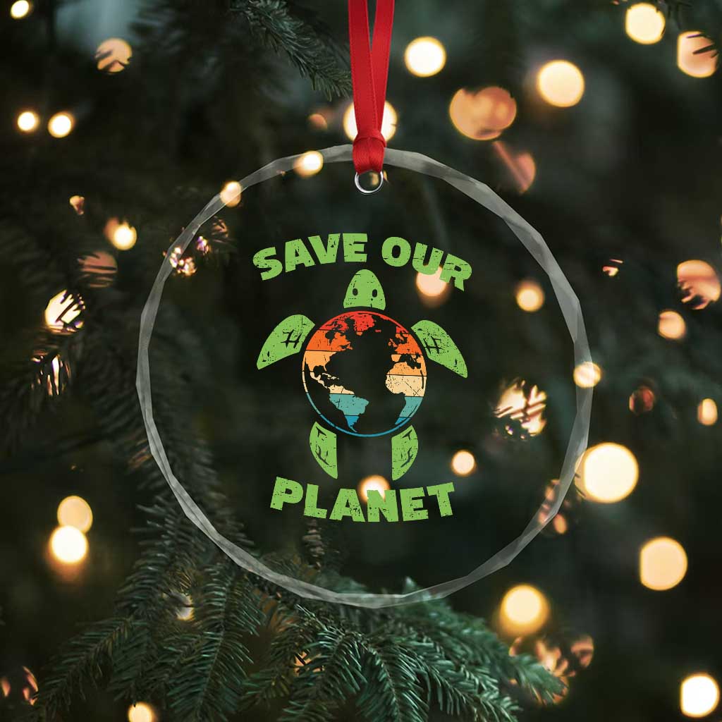 Retro Earth Day Crystal Glass Ornament Save Our Planet Sea Turtle Recycle Ocean Environment