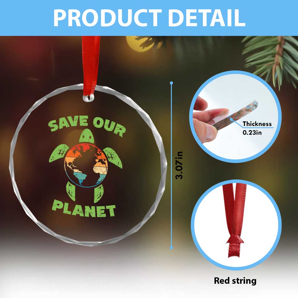 Retro Earth Day Crystal Glass Ornament Save Our Planet Sea Turtle Recycle Ocean Environment