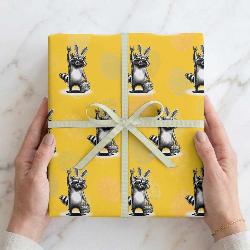 Retro Easter Raccoon Bunny Rock Hand Trash Panda Wrapping Paper Roll