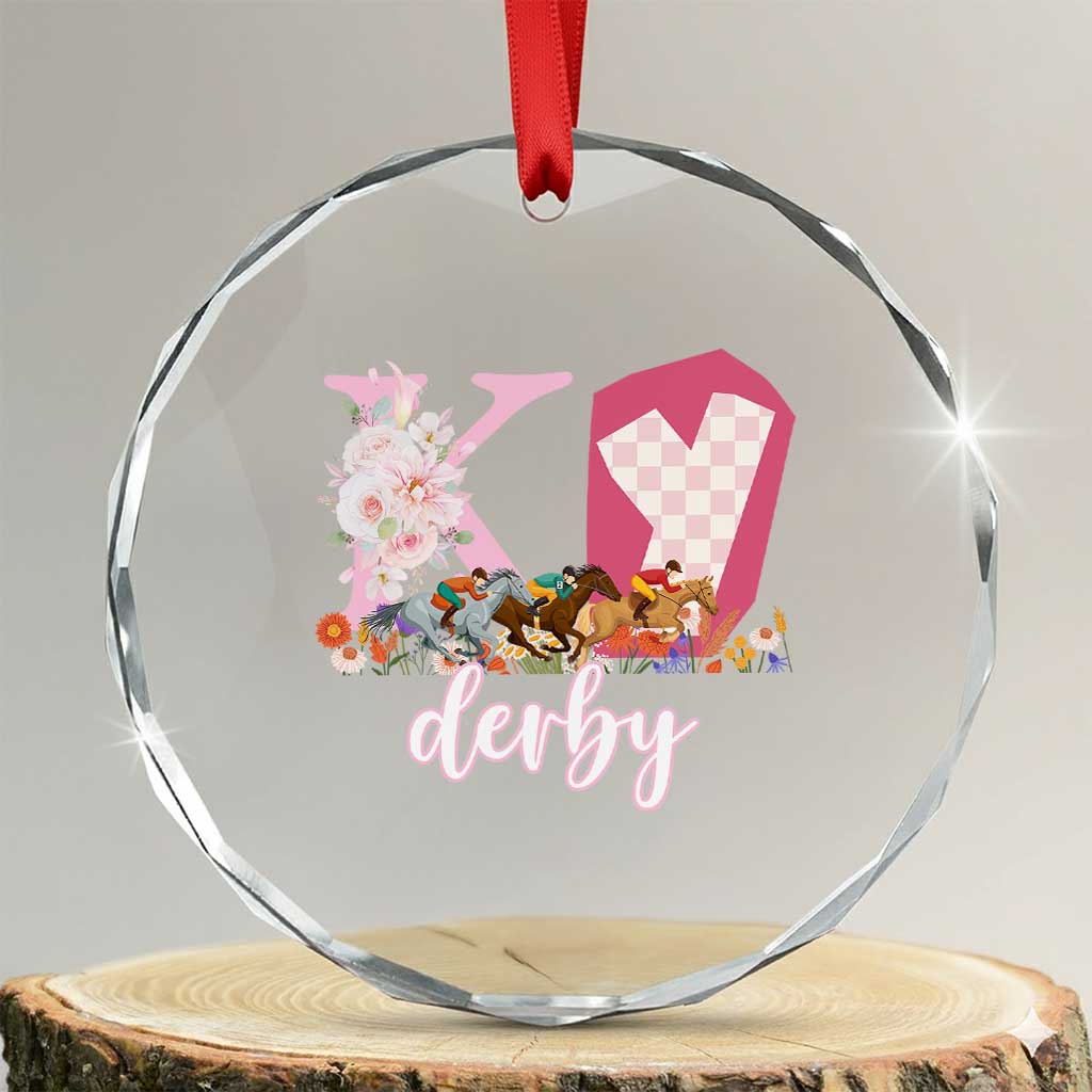 Retro Floral KY Horse Racing Graphic Crystal Glass Ornament Pink Gingham Southern Belle Derby Day Aesthetic