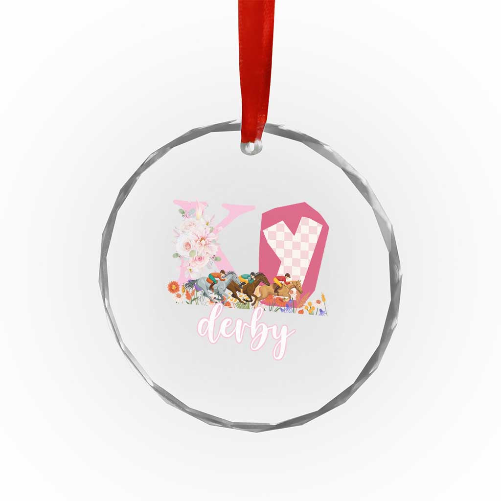 Retro Floral KY Horse Racing Graphic Crystal Glass Ornament Pink Gingham Southern Belle Derby Day Aesthetic