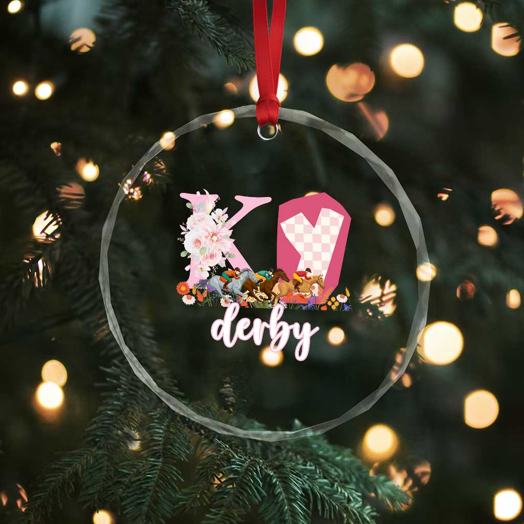 Retro Floral KY Horse Racing Graphic Crystal Glass Ornament Pink Gingham Southern Belle Derby Day Aesthetic