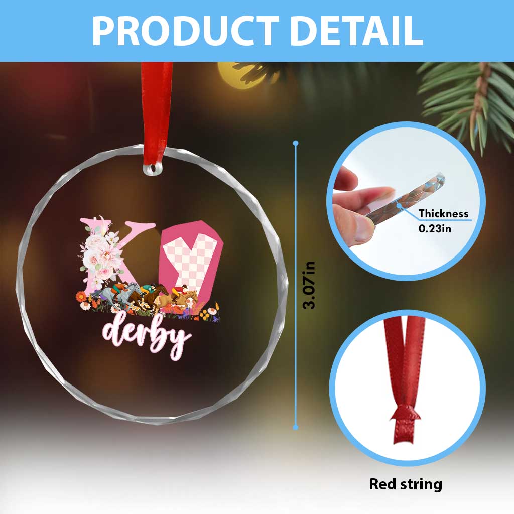Retro Floral KY Horse Racing Graphic Crystal Glass Ornament Pink Gingham Southern Belle Derby Day Aesthetic