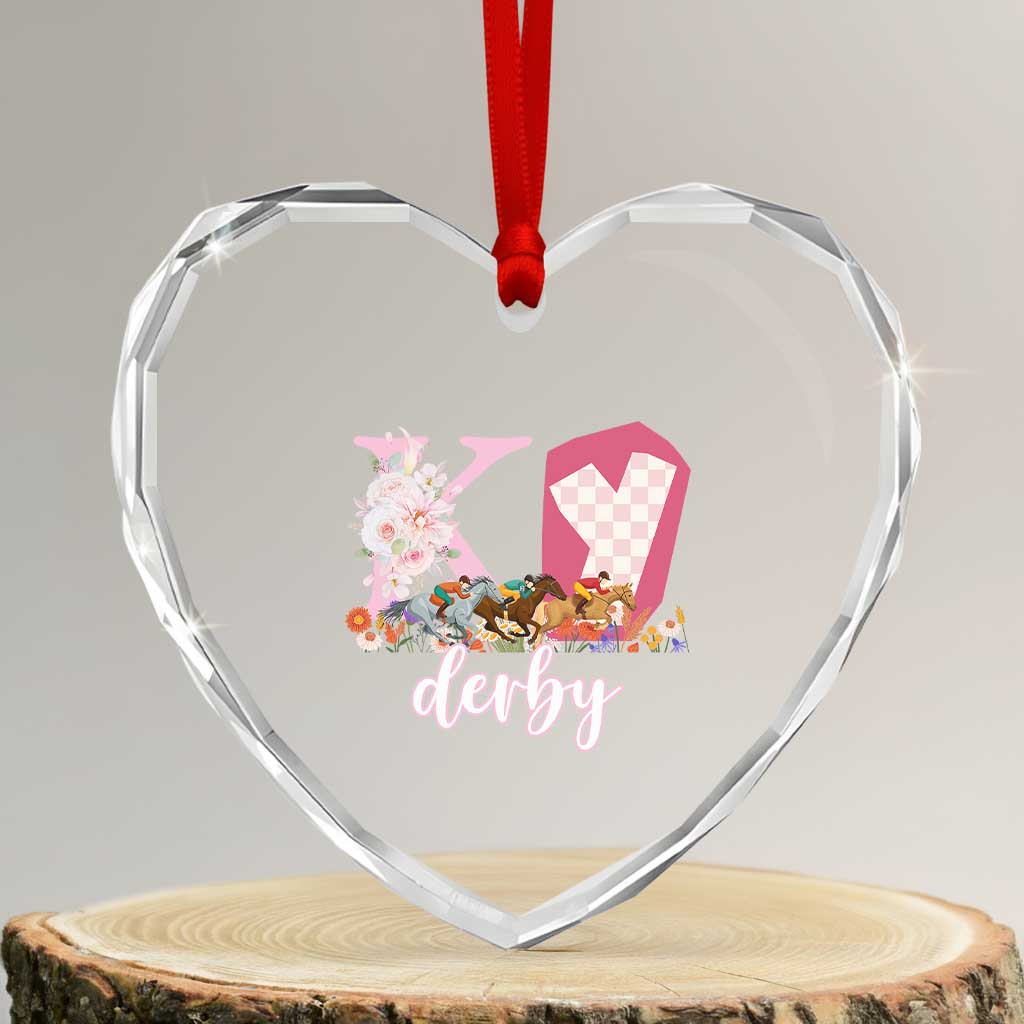 Retro Floral KY Horse Racing Graphic Heart Crystal Glass Ornament Pink Gingham Southern Belle Derby Day Aesthetic