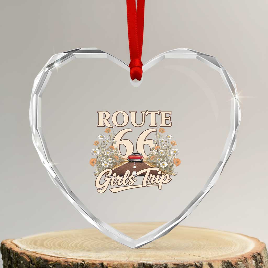 Retro Floral Route Highway 66 Girls Trip Road Trip Heart Crystal Glass Ornament