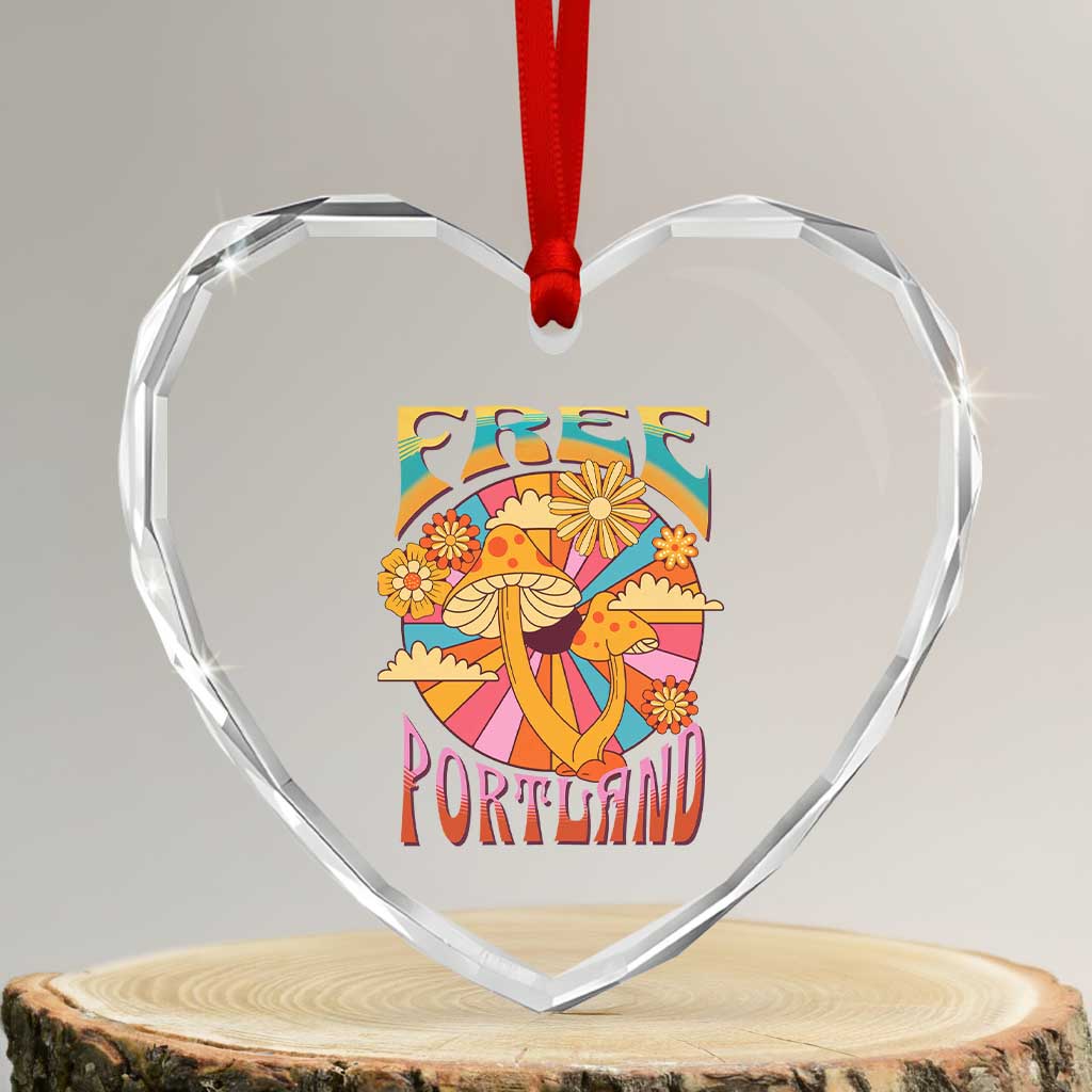 Retro Free Portland Patriotic Heart Crystal Glass Ornament Oregon Freedom Trippy 70s Mushroom Graphic - Wonder Print Shop