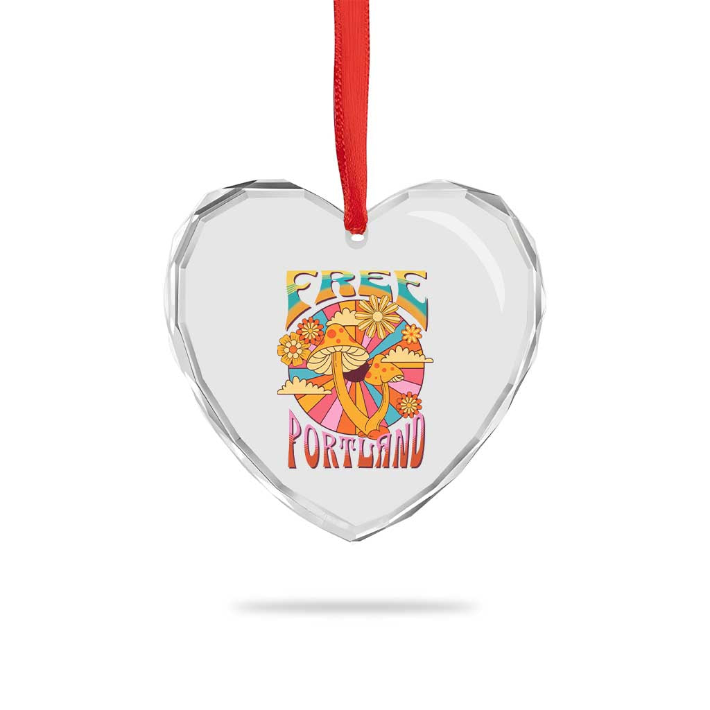 Retro Free Portland Patriotic Heart Crystal Glass Ornament Oregon Freedom Trippy 70s Mushroom Graphic - Wonder Print Shop