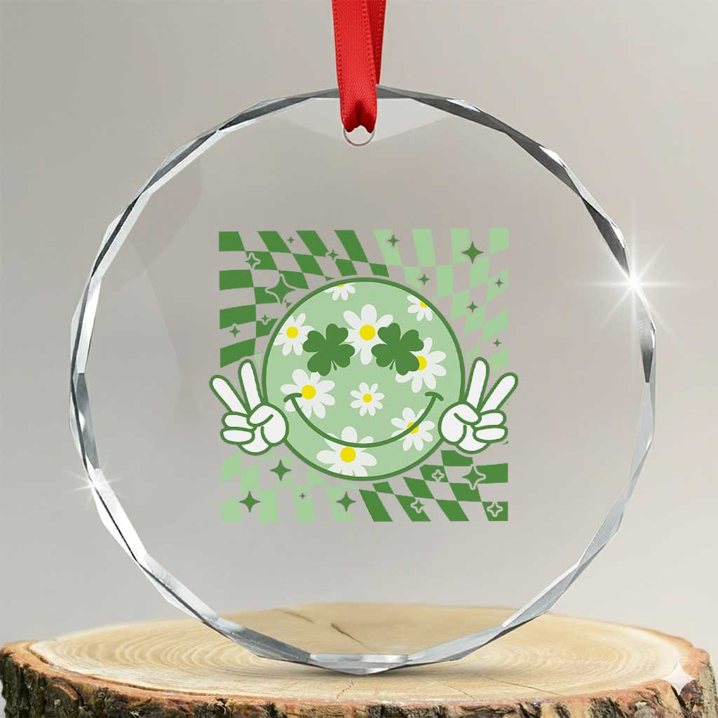 Retro Groovy Shamrock Smile Face St Patricks Day Crystal Glass Ornament