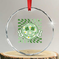 Retro Groovy Shamrock Smile Face St Patricks Day Crystal Glass Ornament