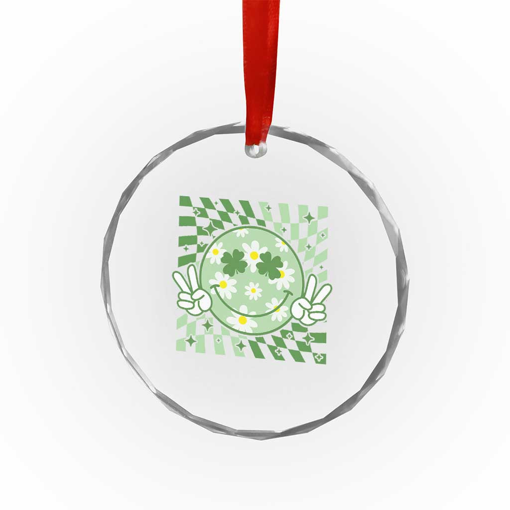 Retro Groovy Shamrock Smile Face St Patricks Day Crystal Glass Ornament