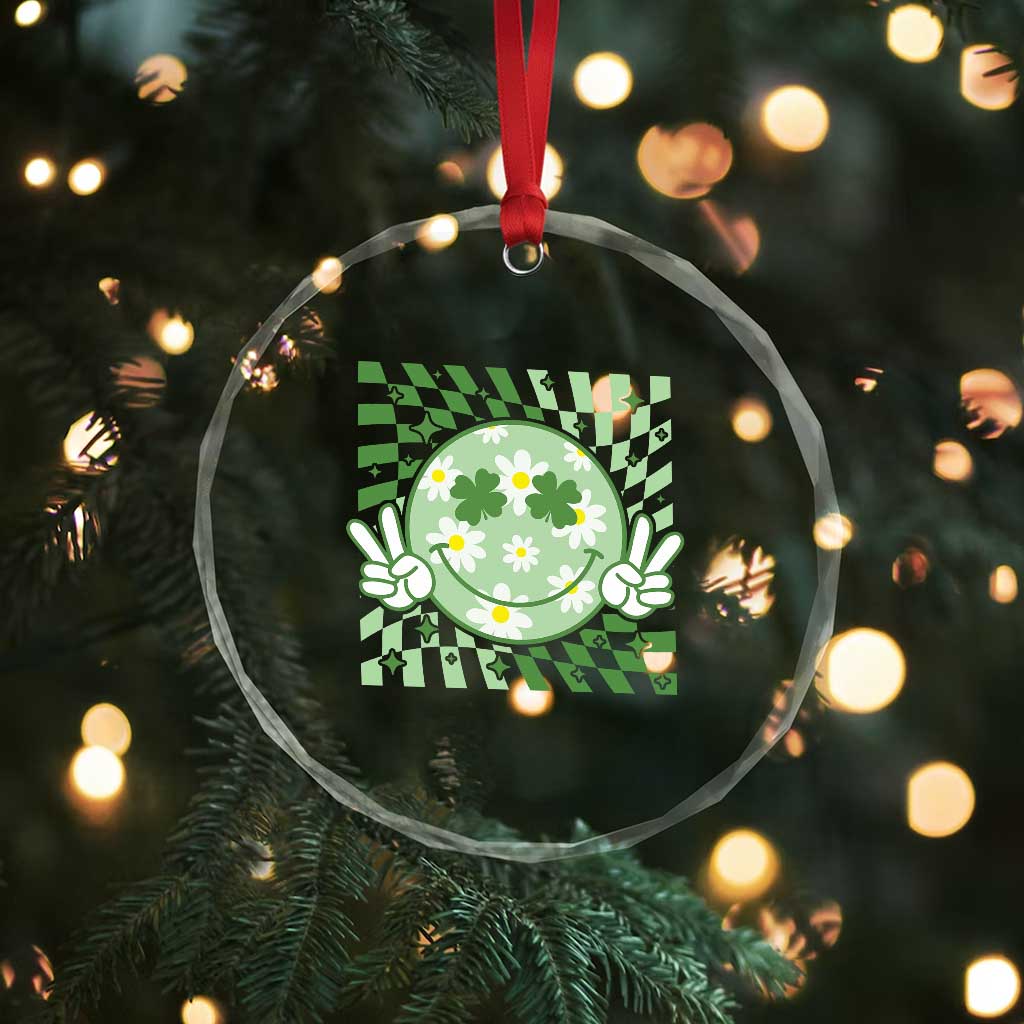 Retro Groovy Shamrock Smile Face St Patricks Day Crystal Glass Ornament
