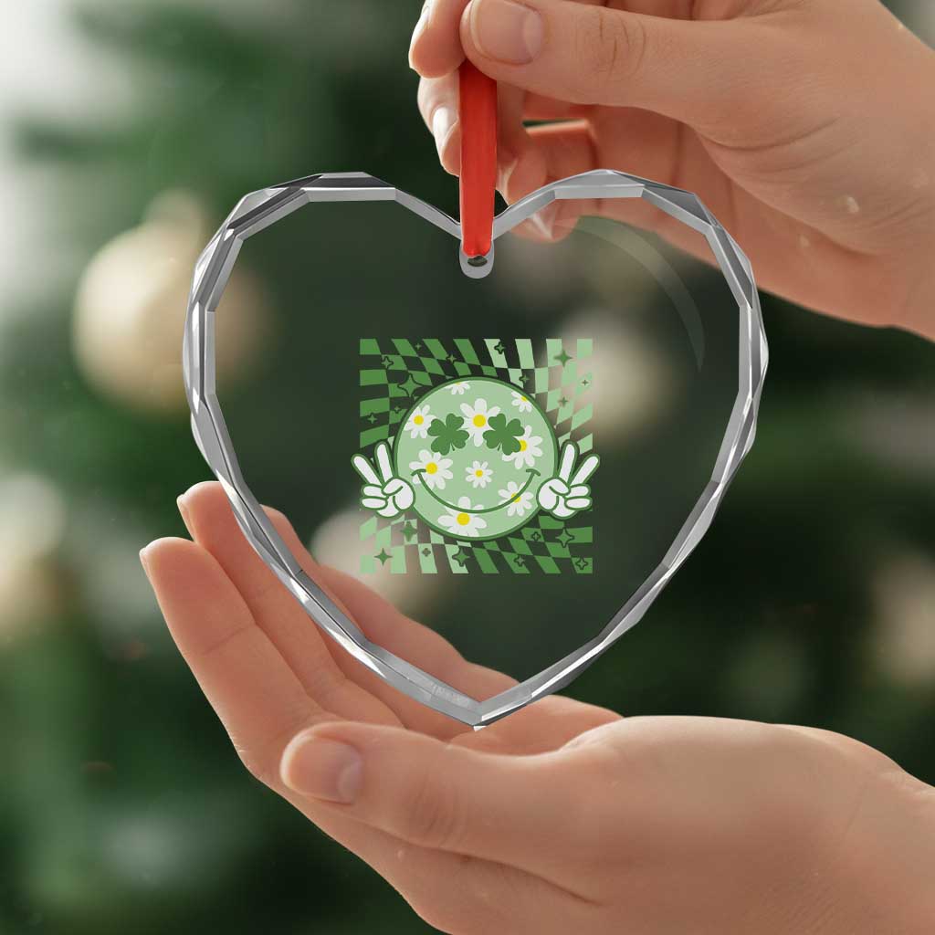 Retro Groovy Shamrock Smile Face St Patricks Day Heart Crystal Glass Ornament