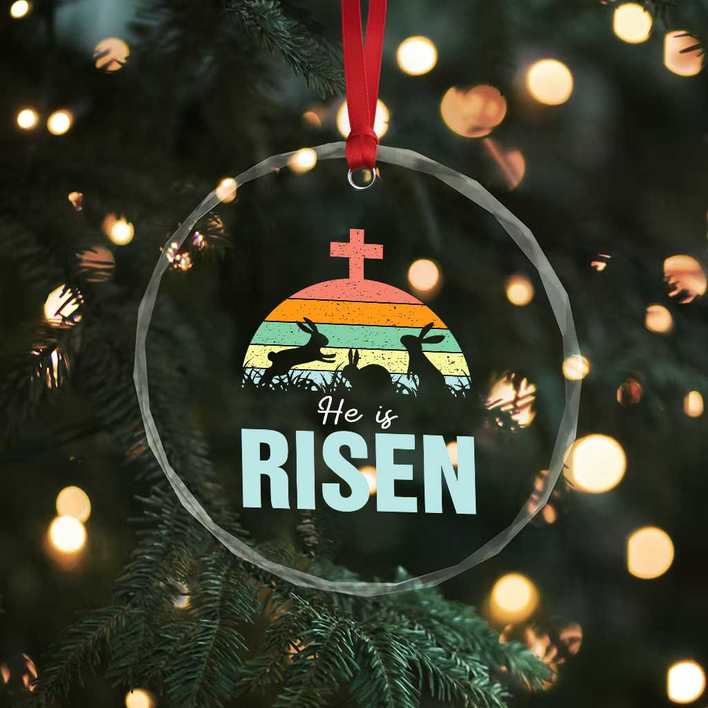 Retro He is Risen Crystal Glass Ornament Bunny Easter Cross Christian Religious Jesus Has Risen - Wonder Print Shop
