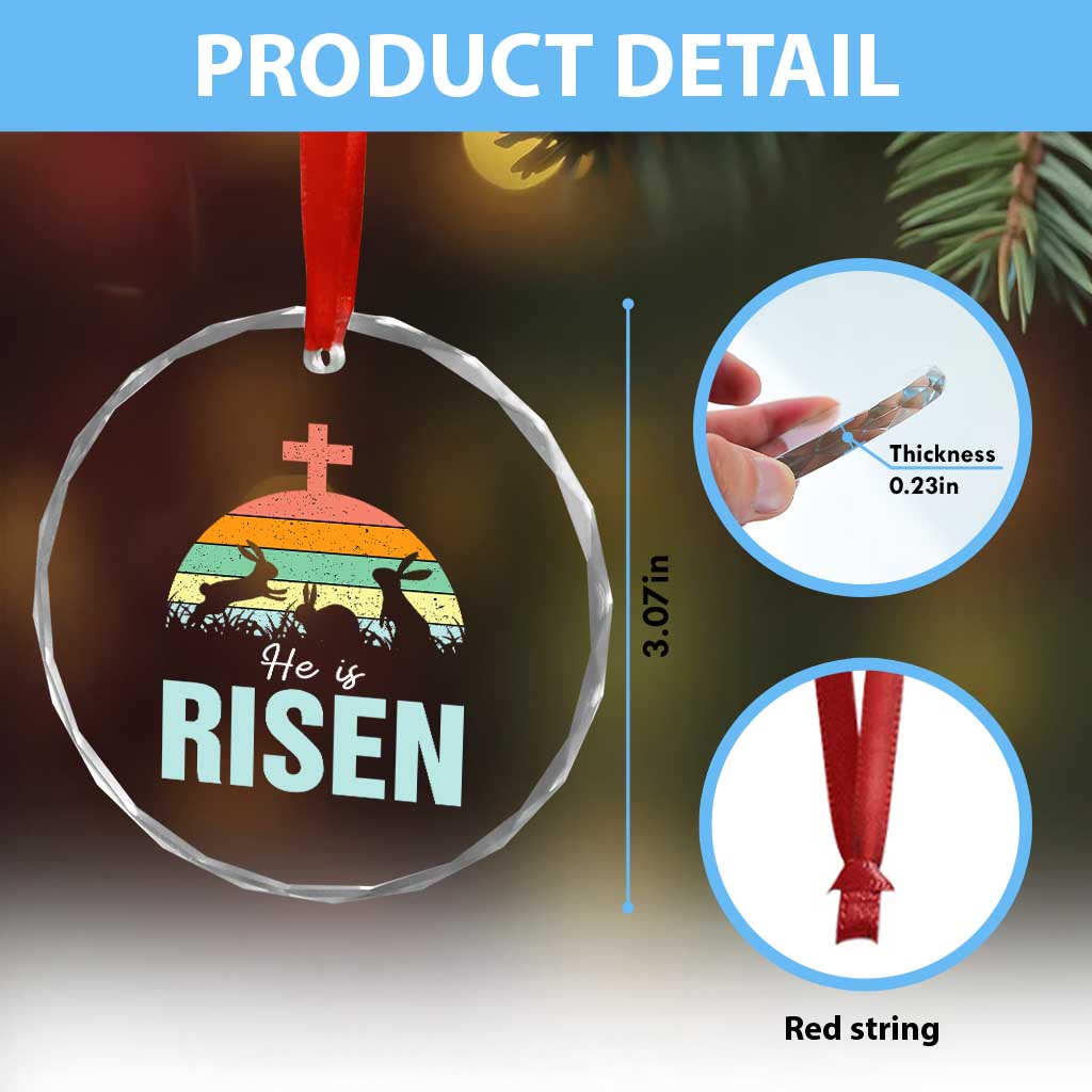 Retro He is Risen Crystal Glass Ornament Bunny Easter Cross Christian Religious Jesus Has Risen - Wonder Print Shop