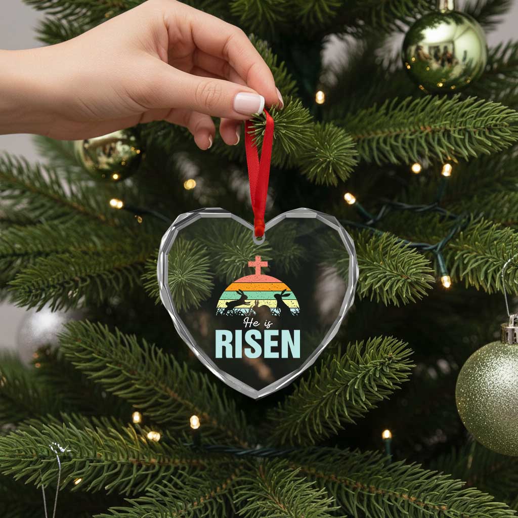 Retro He is Risen Heart Crystal Glass Ornament Bunny Easter Cross Christian Religious Jesus Has Risen - Wonder Print Shop