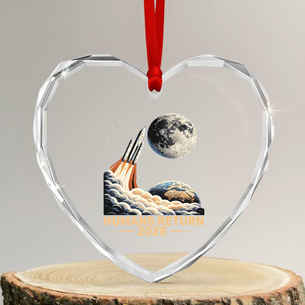 Retro Humans Return 2026 Lunar Mission Heart Crystal Glass Ornament Vintage Style Rocket Launch n Moon Graphic