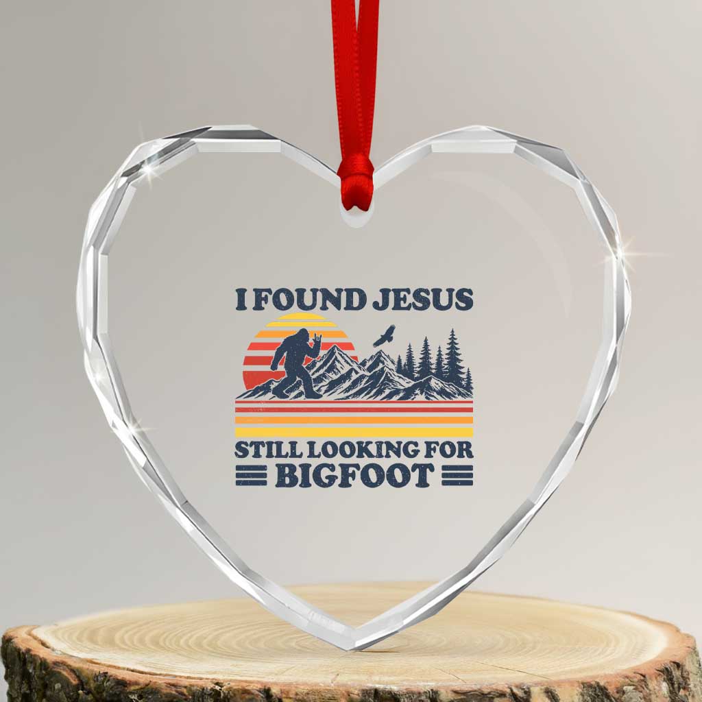 Retro I Found Jesus Still Looking Bigfoot Heart Crystal Glass Ornament Funny Sasquatch Bigfoot Believer Christian Humor