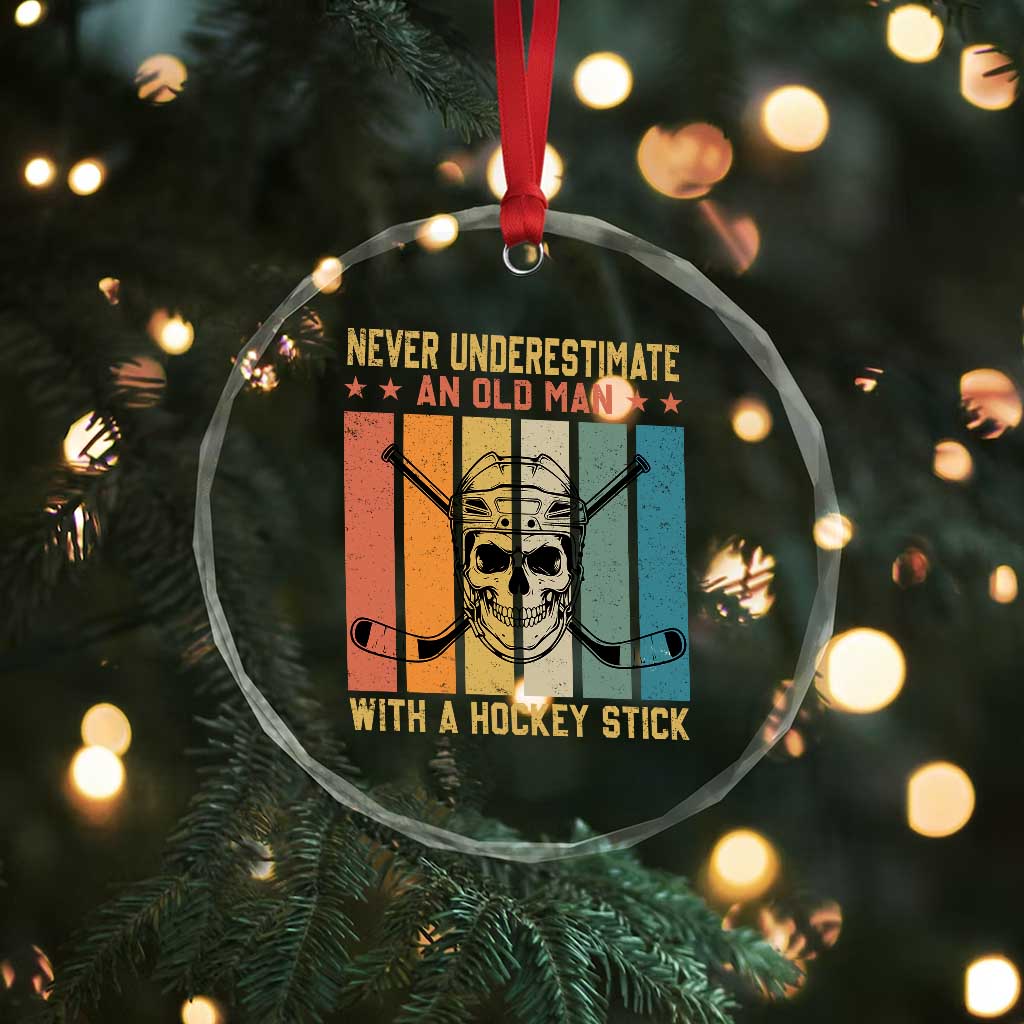 Retro Ice Hockey Player Crystal Glass Ornament Funny Never Underestimate An Old Man - Wonder Print Shop