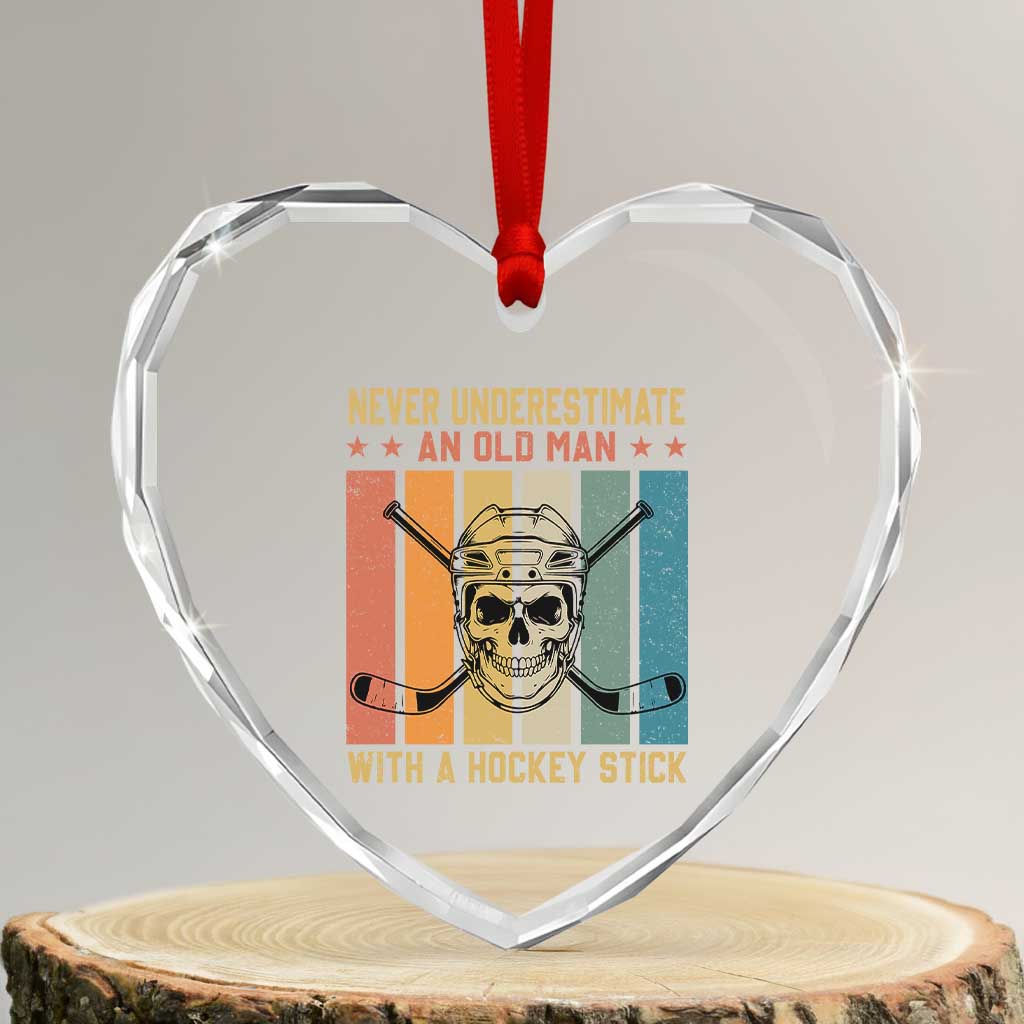 Retro Ice Hockey Player Heart Crystal Glass Ornament Funny Never Underestimate An Old Man - Wonder Print Shop