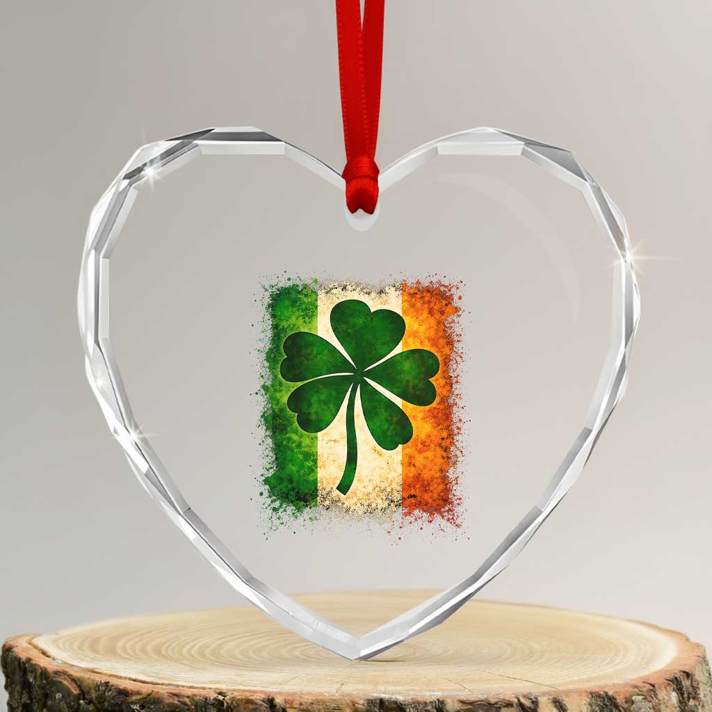 Retro Ireland Shamrock Irish Flag St Patricks Day Heart Crystal Glass Ornament